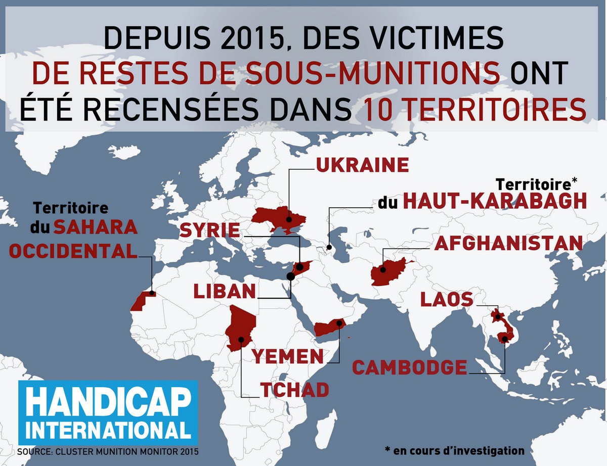 Infographie de Handicap International présentant un planisphère avec les pays concernés par des victimes de restes de sous-munitions depuis 2015 © Handicap International