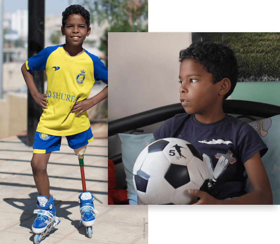 Double portrait de Amer, une en rollers avec sa prothèse et une avec un ballon