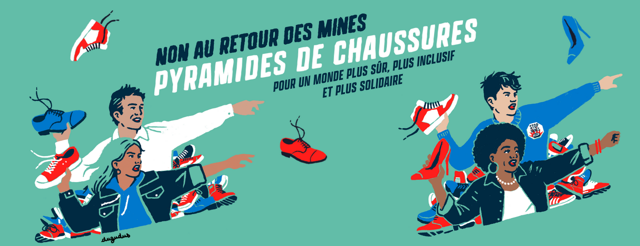 Non au retour des mines ! Pyramides de chaussures, pour un monde plus sûr, plus inclusif et plus solidaire.