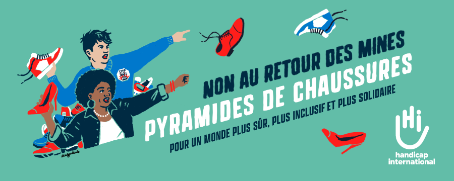 Non au retour des mines ! Pyramides de chaussures, pour un monde plus sûr, plus inclusif et plus solidaire.