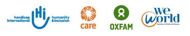 Logos des ONG Handicap International / Humanity & Inclusion, Care, Oxfam et We World