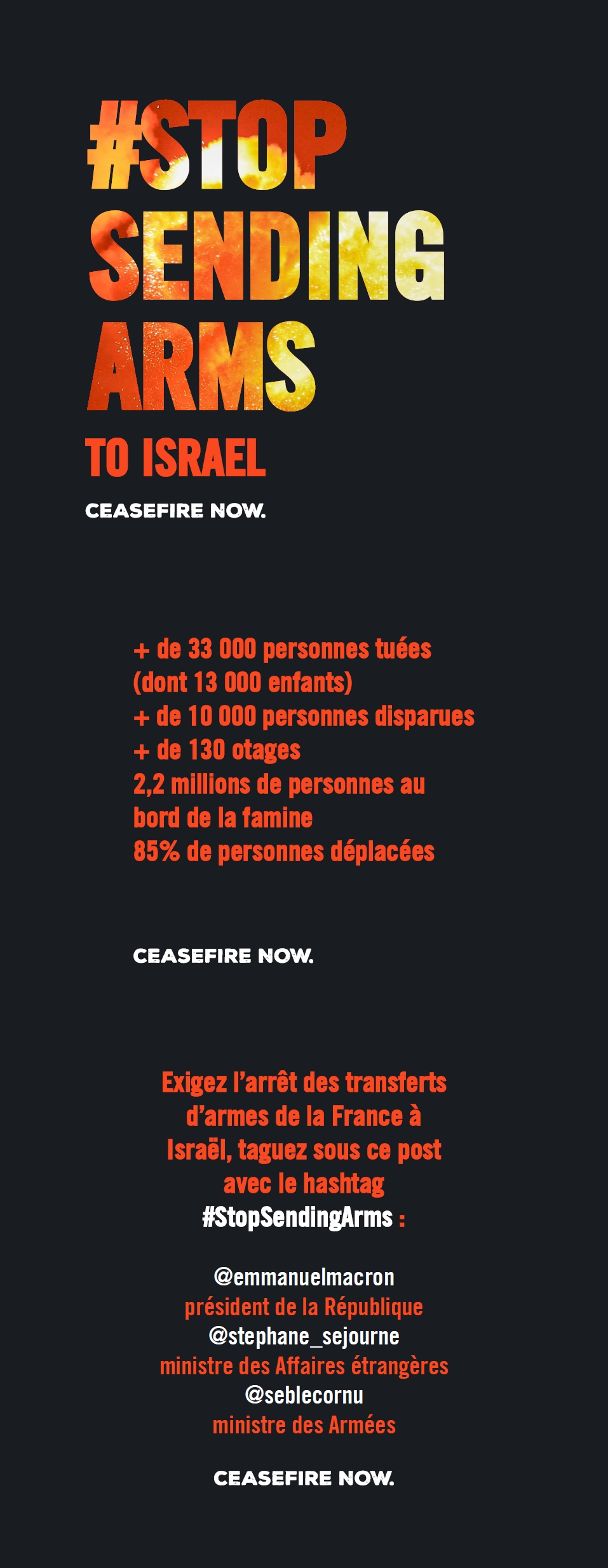 Image d'un message invitant à se mobiliser le 2 mai 2024 pour la Journée mondiale d'action contre la livraison d'armes à Israël par plusieurs pays.