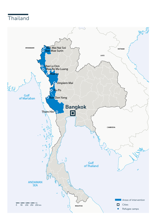 Carte des interventions de HI en Thaïlande