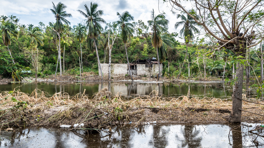 Photo d'un paysage de campagne inondé avec de grandes flaques d'eau et de la végétation à terre.