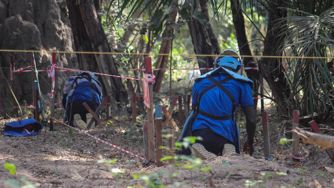Deux démineurs vus de dos sont agenouillés par terre à l'ombre, dans un corridor délimité par des piquets rouges. Autour d'eux, la terre et la végétation.