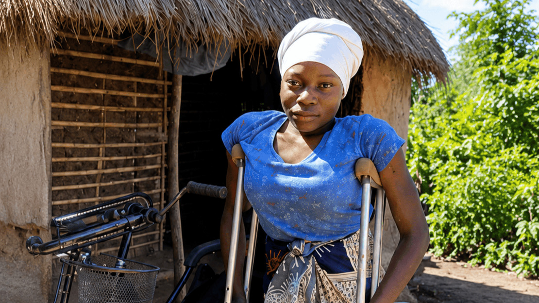 Une jeune femme, appuyée sur deux béquilles, se tient debout devant un fauteuil roulant. À l'arrière-plan, on aperçoit une maison au toit de chaume et de la végétation.