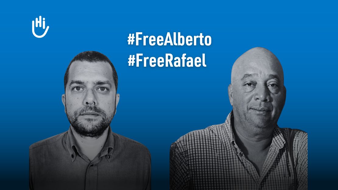 Sur un fond bleu, les portraits côte à côte d'Alberto Trentini (à gauche) et Rafael Ubiel Hernandez Machado, détenus depuis le 15 novembre 2024 par les autorités vénézuéliennes. En haut à gauche on voit le logo de HI, et au centre de l'image deux hashtags : #FreeAlberto et #FreeRafael.