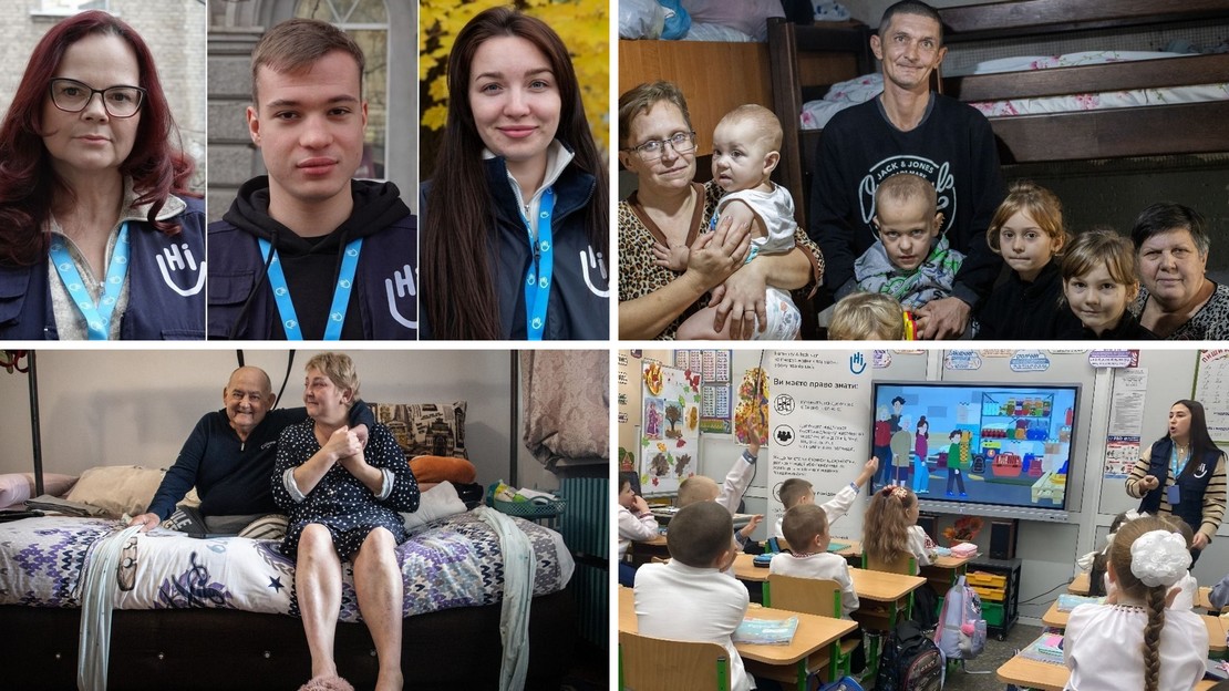 Montage de quatre photos montrant des portraits d'Ukrainiens, certains étant des personnels humanitaires, d'autres des bénéficiaires de l'aide internationale, et des enfants dans une salle de classe.