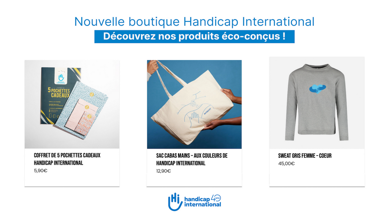 Capture d'écran de la nouvelle boutique solidaire en ligne de Handicap International, lancée le 1er septembre 2022