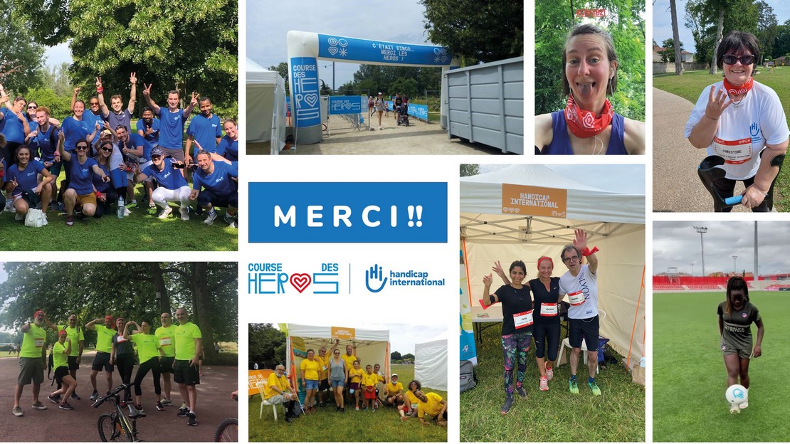 Montage photo de l'édition 2021 de la Course des Héros, avec des participants qui se sont mobilisés pour soutenir Handicap International