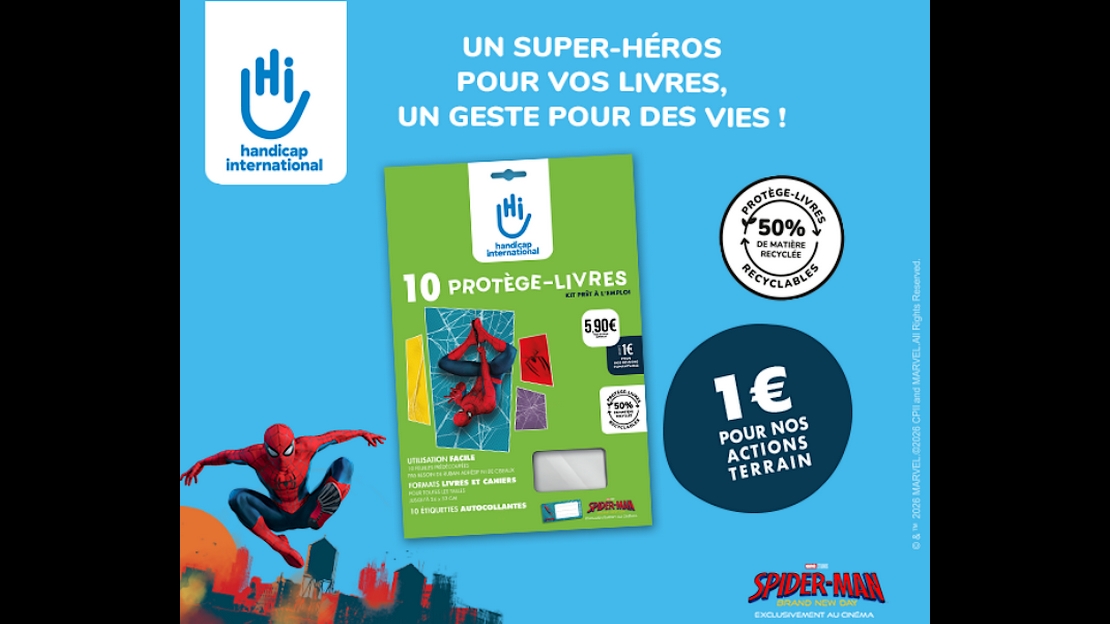 Kit protège-livres de Handicap International pour la rentrée scolaire 2026 avec Spider-Man