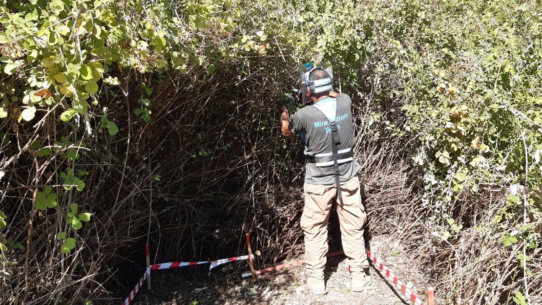 Au Liban, un démineur debout dans une zone sécurisée débroussaille la végétation avant d'utiliser un détecteur de métal pour progresser dans la recherche d'éventuels engins explosifs.