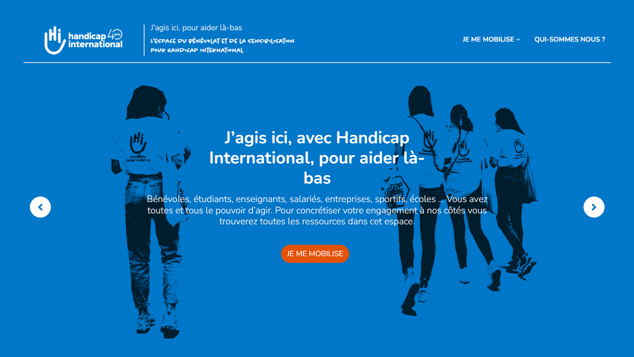 Capture d'écran de la page d'accueil du nouvel espace Bénévolat et Sensibilisation de Handicap International