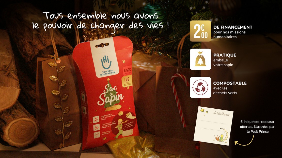 Visuel présentant le Sac à Sapin de Handicap International dans un décor de Noël.