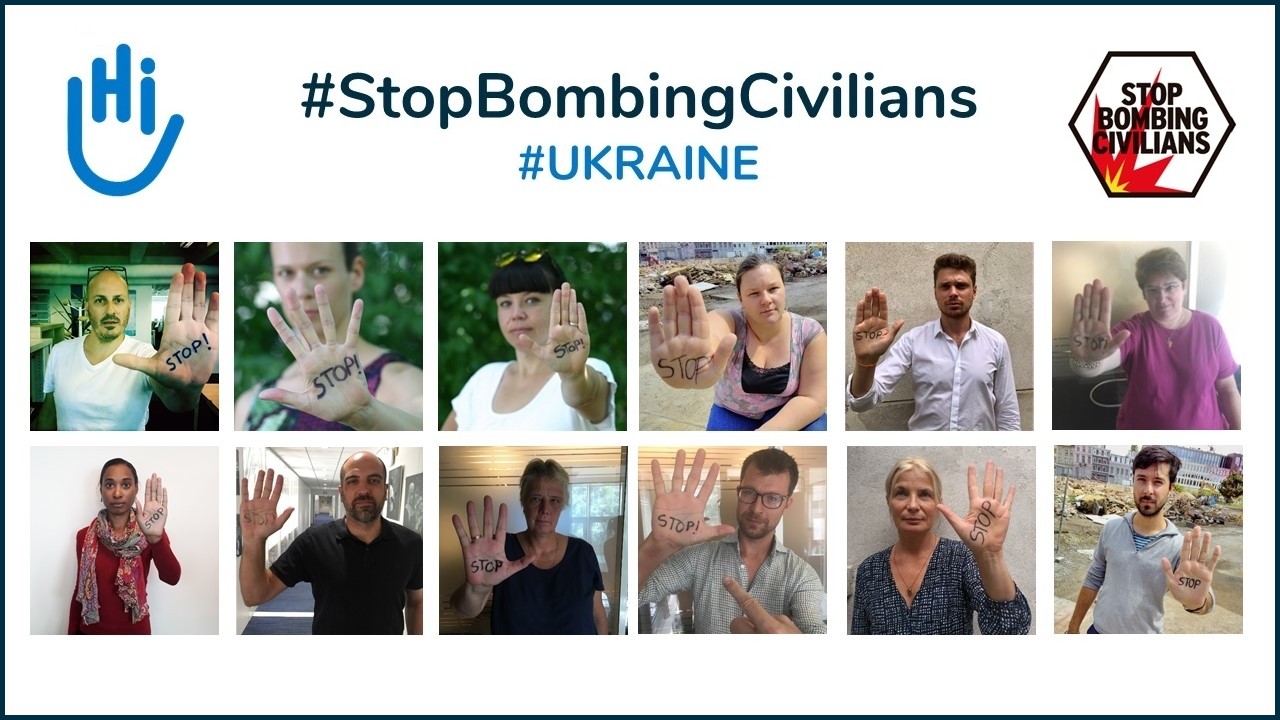 Selfies de citoyens faisant le geste de la main STOP aux bombardements des civils