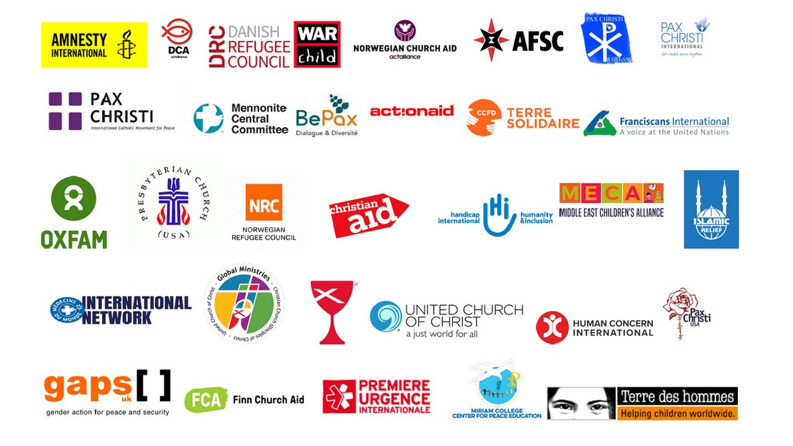 Logos des 34 ONG signataires d'un appel à tous les États membres de l'ONU à se conformer à l'avis consultatif de la Cour international de justice sur l'illégalité de l'occupation israélienne