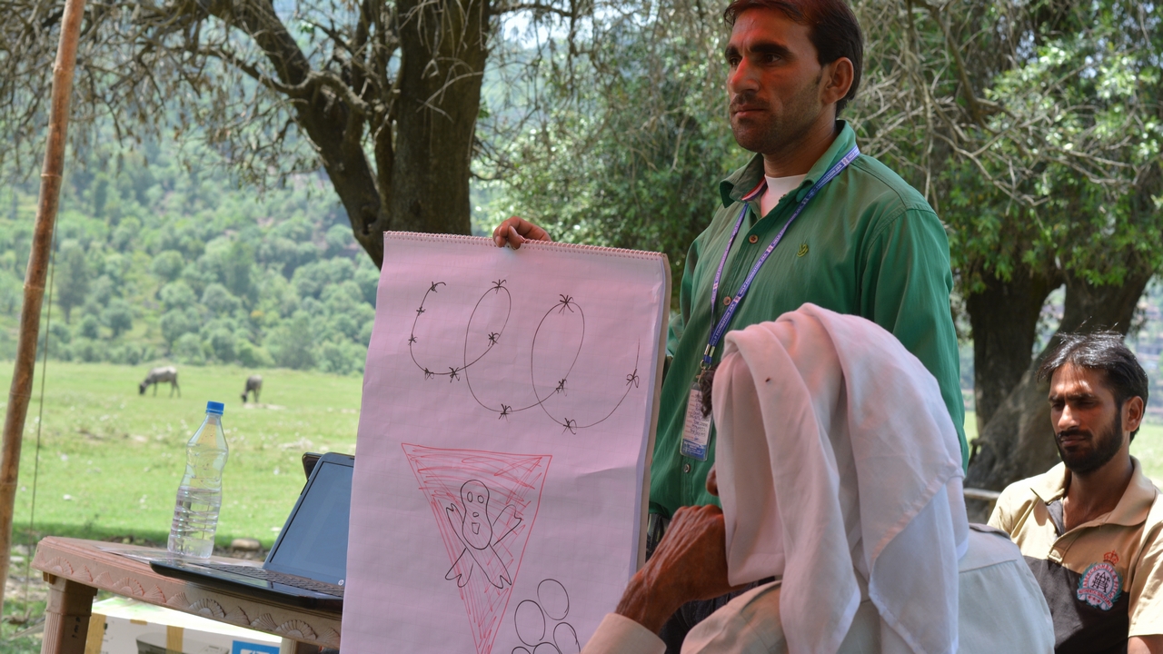 Session d'éducation aux risques liés aux mines et restes explosifs de guerre conduite par Handicap International au Cachemire dans un district frontalier du Pakistan.