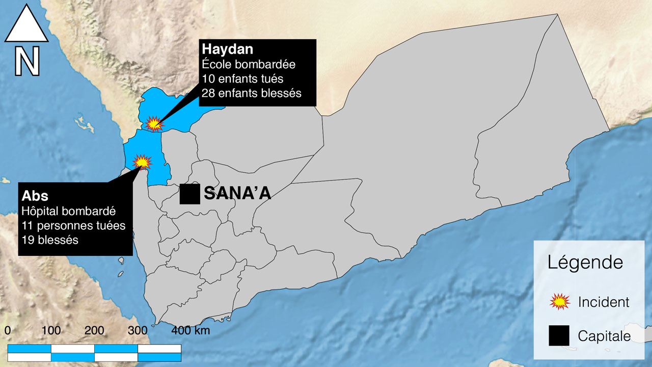 Au Yémen, de récents bombardements ont touchés une école et un hôpital. Bombarder des civils est un crime !