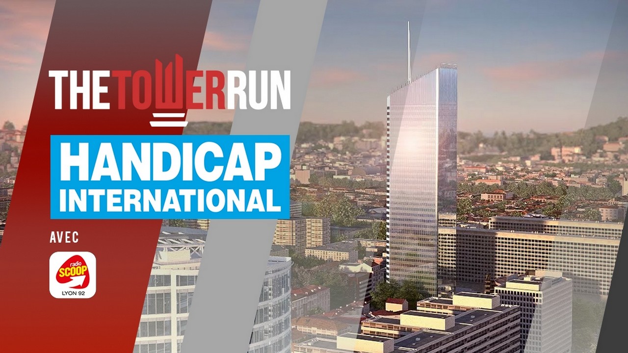 Affiche de la course verticale TheTowerRun de Verama dans la Tour Incity de Lyon, le dimanche 12 mars 2017 au profit de Handicap International