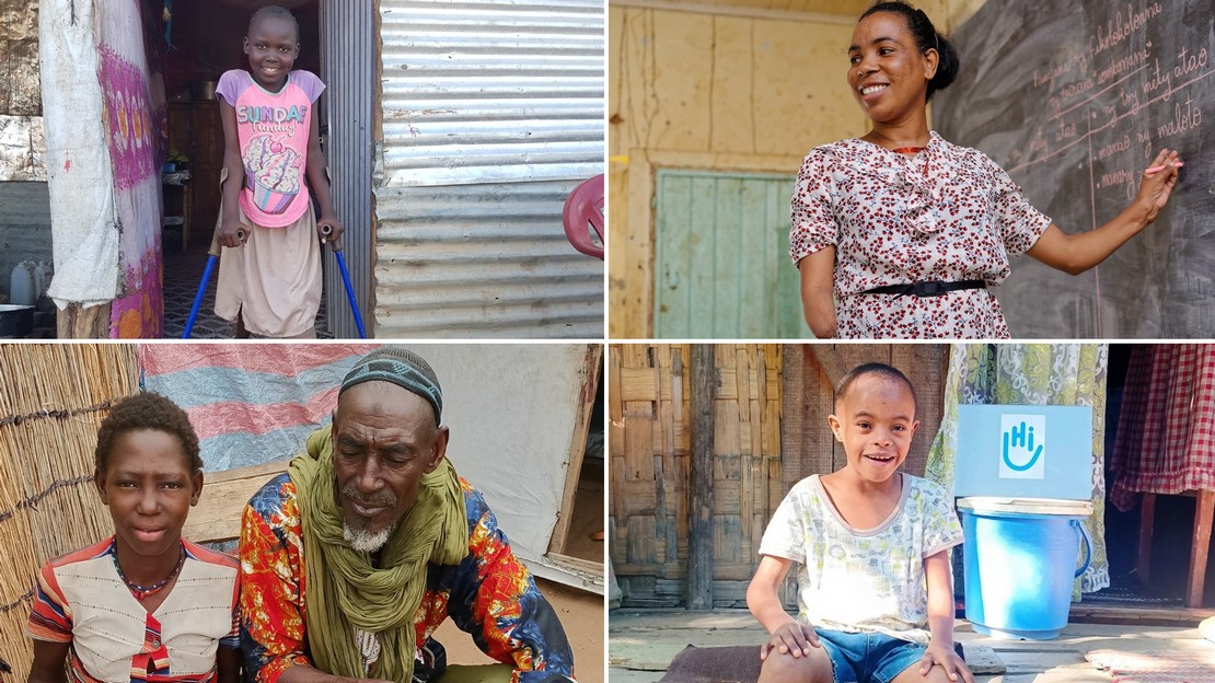 Montage photo des portraits de trois enfants handicapés et d'une enseignante en Afrique.